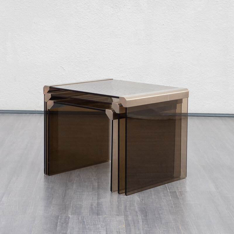 Set of 3 nesting tables model T35, smoked glass & stainless steel by Pierangelo Galotti for Galotti & Radice 1970s