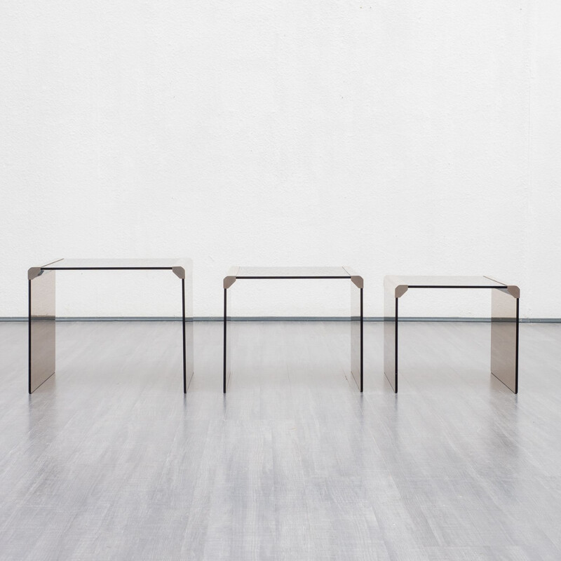 Set of 3 nesting tables model T35, smoked glass & stainless steel by Pierangelo Galotti for Galotti & Radice 1970s