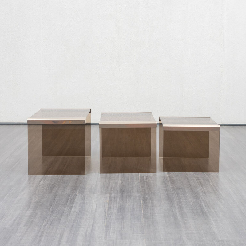 Set of 3 nesting tables model T35, smoked glass & stainless steel by Pierangelo Galotti for Galotti & Radice 1970s