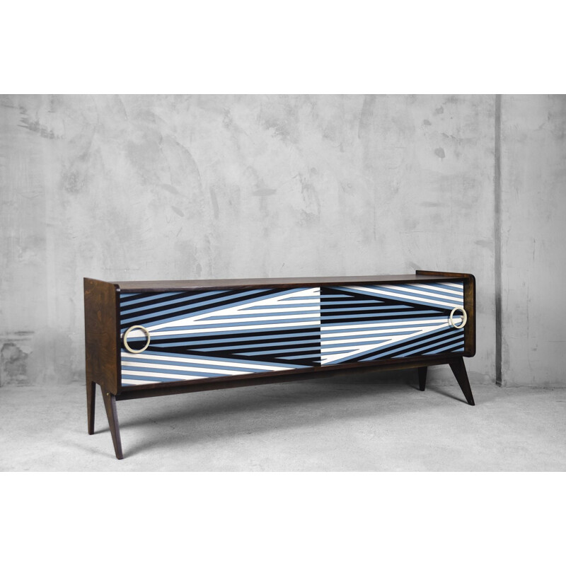 Norwegian vintage sideboard with hand-painted pattern in blue, 1960s