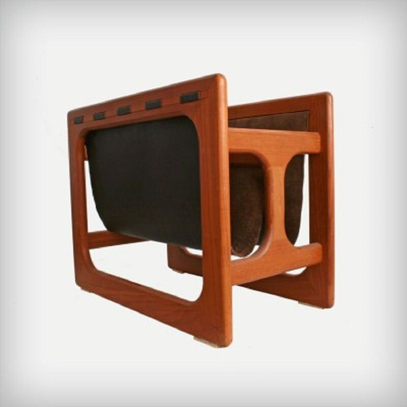 Teak and suede leather vintage magazine rack by Aksel Kjersgaard