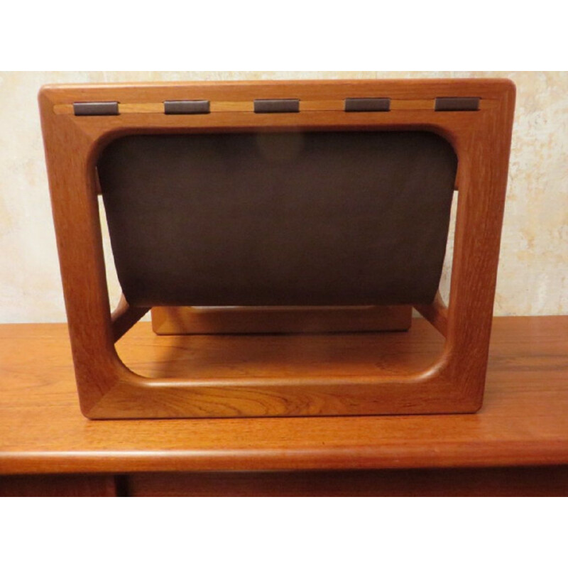 Teak and suede leather vintage magazine rack by Aksel Kjersgaard