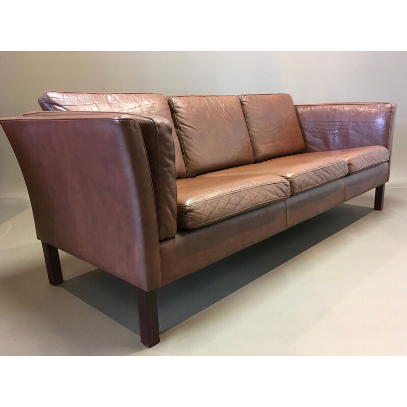 Brown leather 3 seater vintage scandinavian sofa