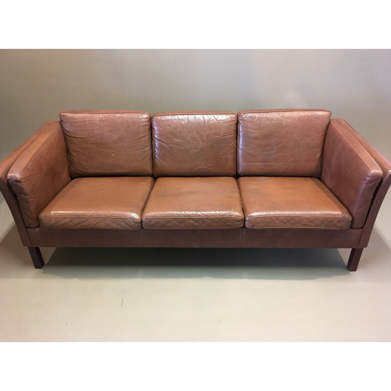 Brown leather 3 seater vintage scandinavian sofa