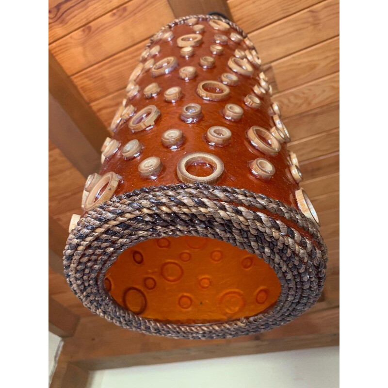 Vintage orange tubular and resin suspension lamp with rope and octopus suction cup motif, 1970