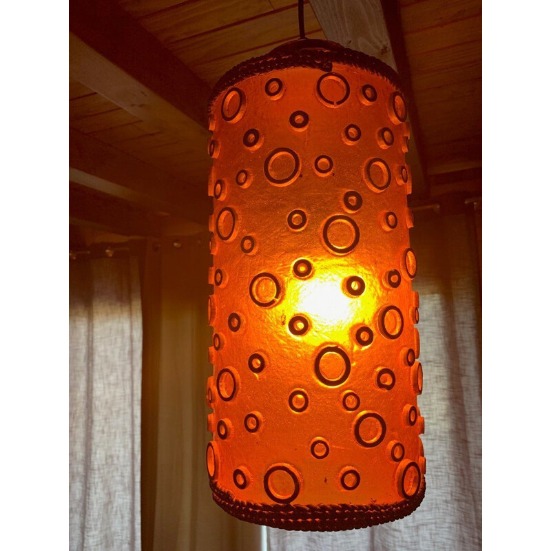 Vintage orange tubular and resin suspension lamp with rope and octopus suction cup motif, 1970