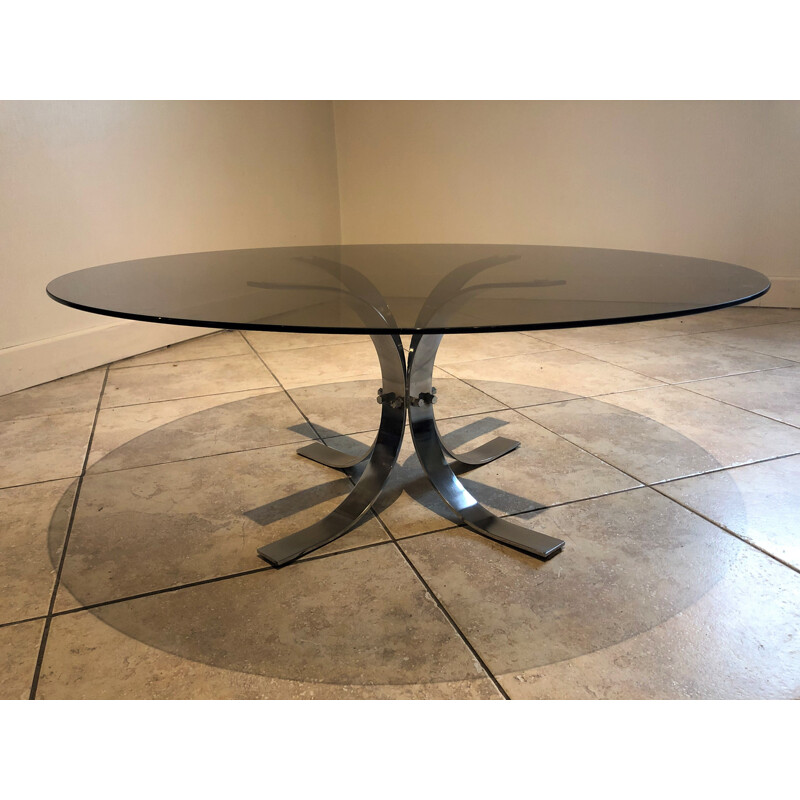 Vintage glass and chrome coffee table, 1970