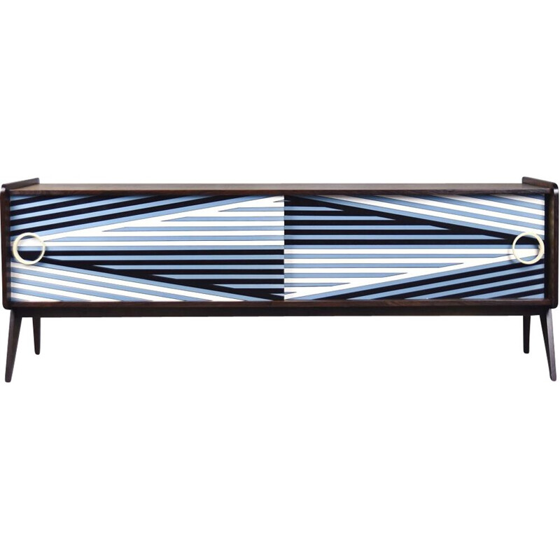 Norwegian vintage sideboard with hand-painted pattern in blue, 1960s