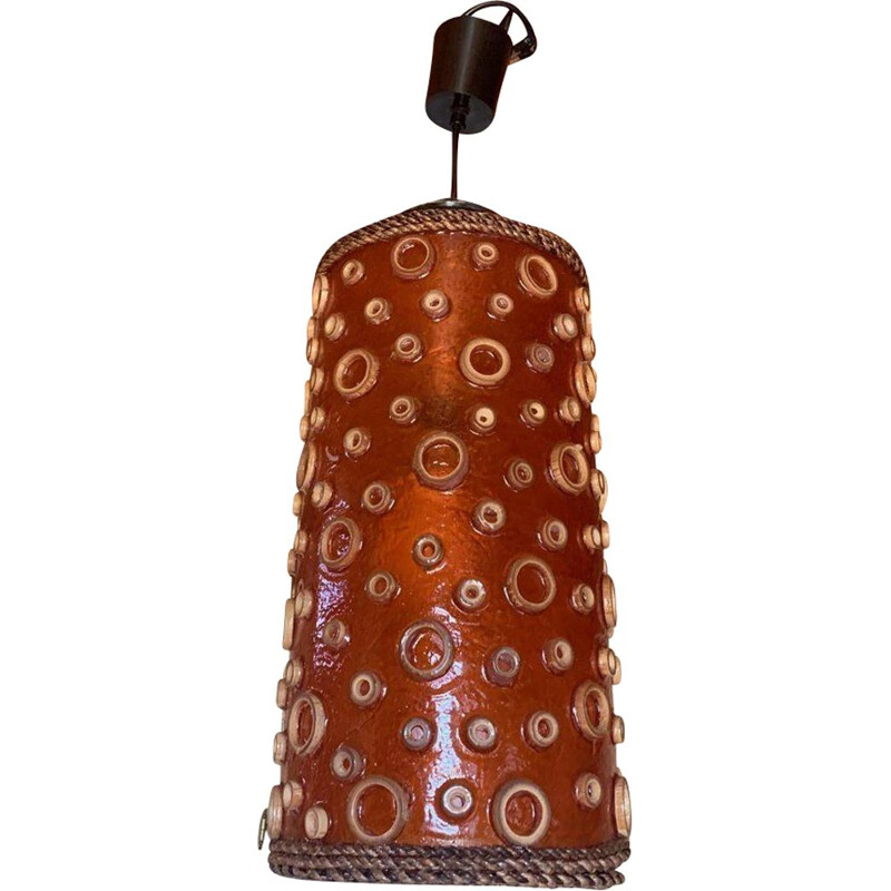 Vintage orange tubular and resin suspension lamp with rope and octopus suction cup motif, 1970