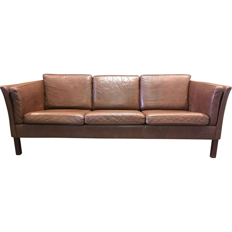 Brown leather 3 seater vintage scandinavian sofa