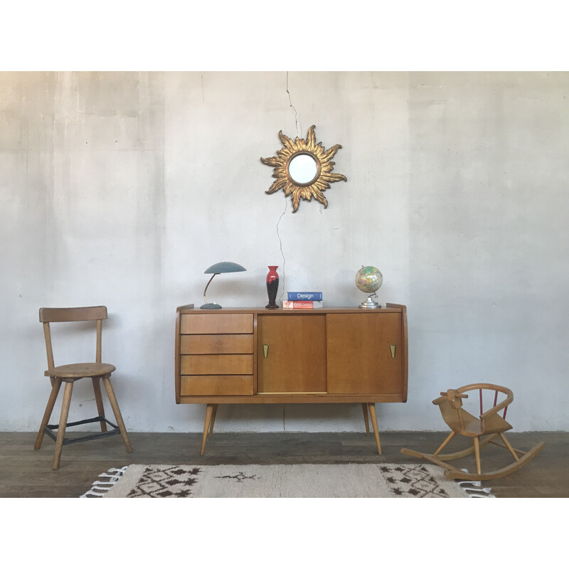 Vintage sideboard with compass legs and light oak by Jérôme HANS, 1960 