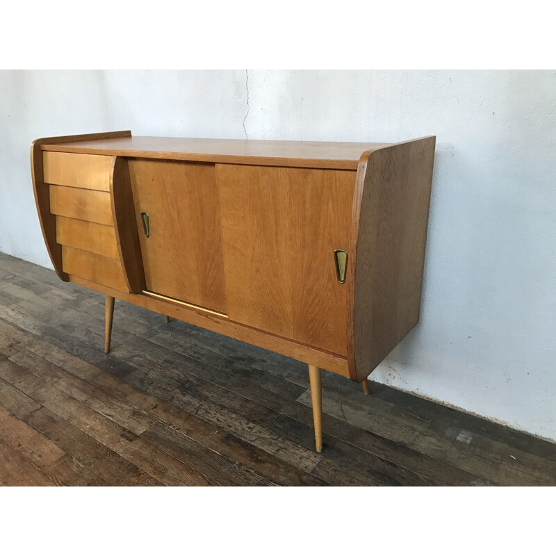 Vintage sideboard with compass legs and light oak by Jérôme HANS, 1960 