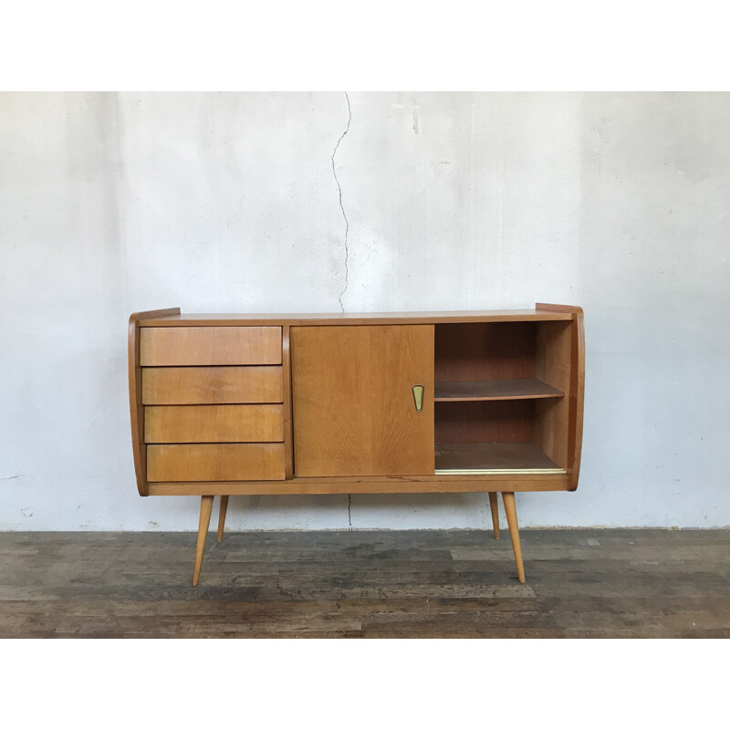 Vintage sideboard with compass legs and light oak by Jérôme HANS, 1960 