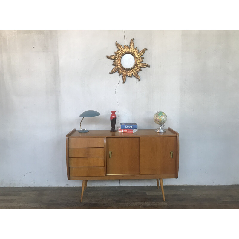 Vintage sideboard with compass legs and light oak by Jérôme HANS, 1960 