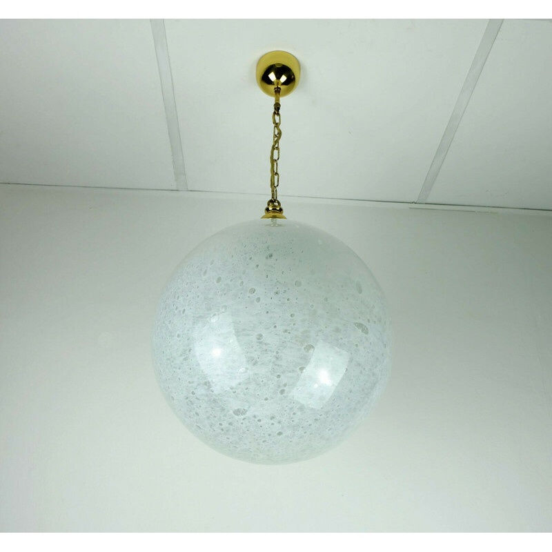 White glass and brass vintage pendant light par Doria-Leuchten, 1970s