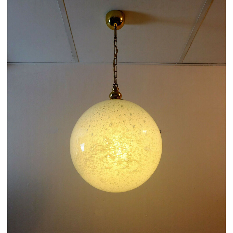 White glass and brass vintage pendant light par Doria-Leuchten, 1970s