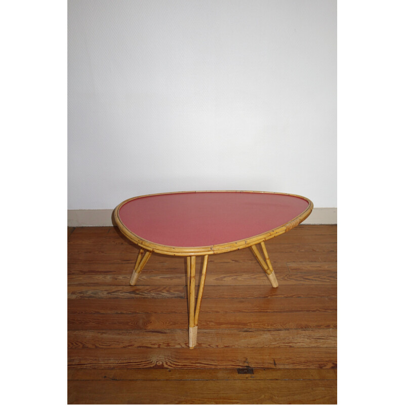Vintage pink rattan and formica coffee table, France 1950