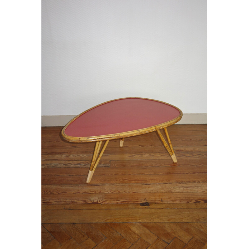 Table basse en rotin et formica rose vintage, France 1950