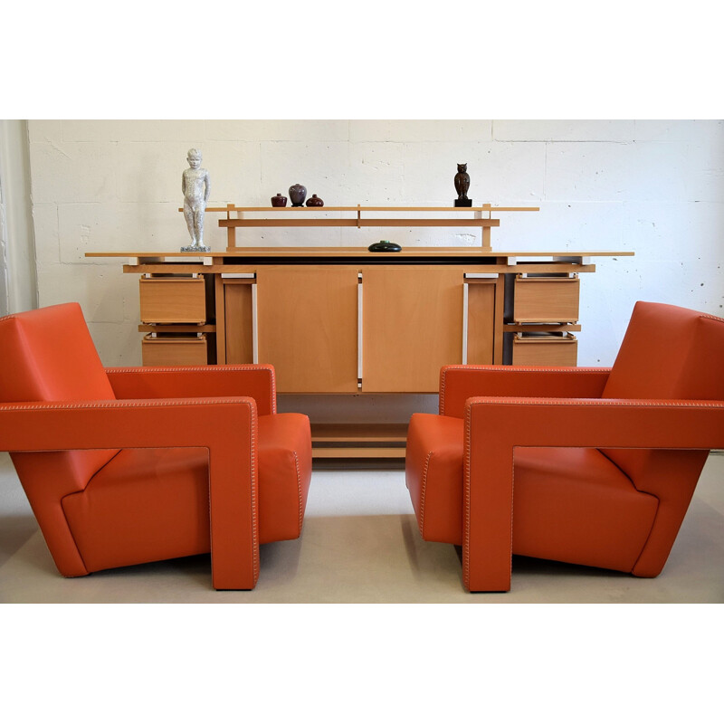 Paire de fauteuils en cuir Hermès Orange Utrecht par Gerrit Rietveld 
