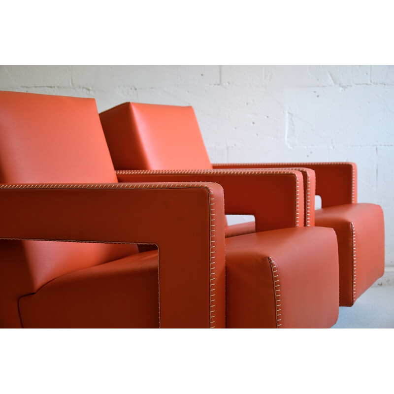 Pair of Leather Hermes Orange Utrecht Lounge Chairs by Gerrit Rietveld 