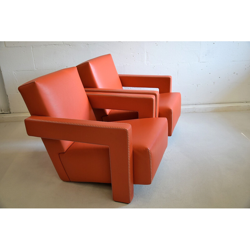 Pair of Leather Hermes Orange Utrecht Lounge Chairs by Gerrit Rietveld 