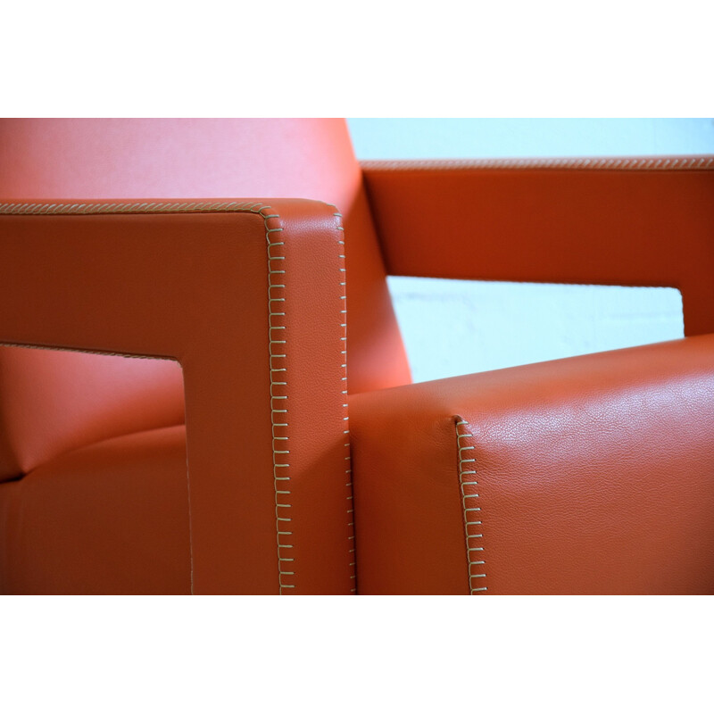 Pair of Leather Hermes Orange Utrecht Lounge Chairs by Gerrit Rietveld 