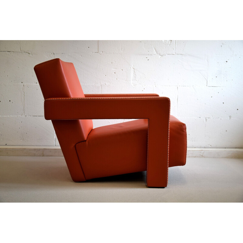 Pair of Leather Hermes Orange Utrecht Lounge Chairs by Gerrit Rietveld 