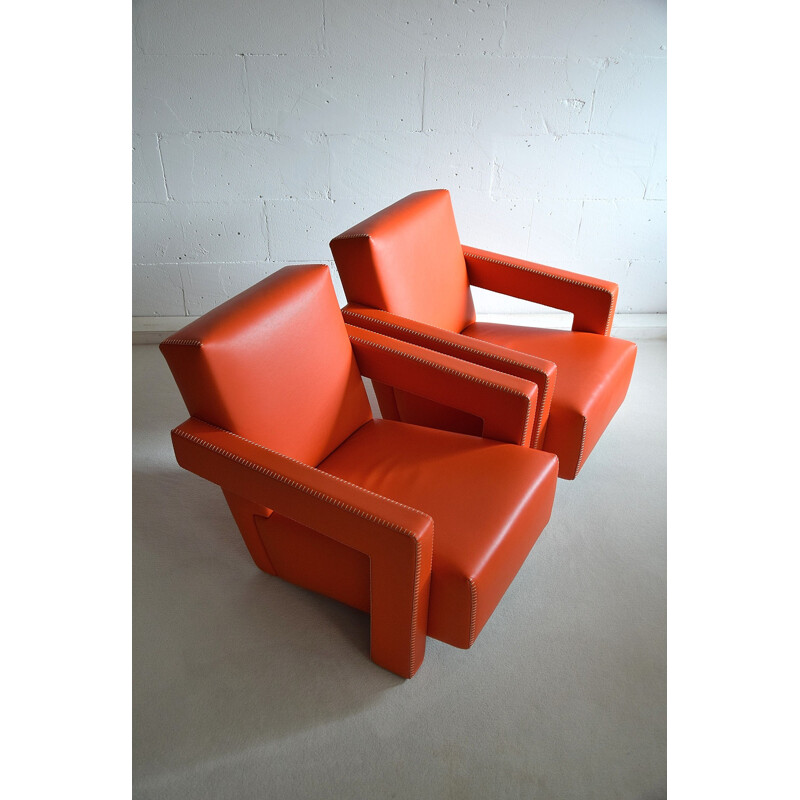 Pair of Leather Hermes Orange Utrecht Lounge Chairs by Gerrit Rietveld 