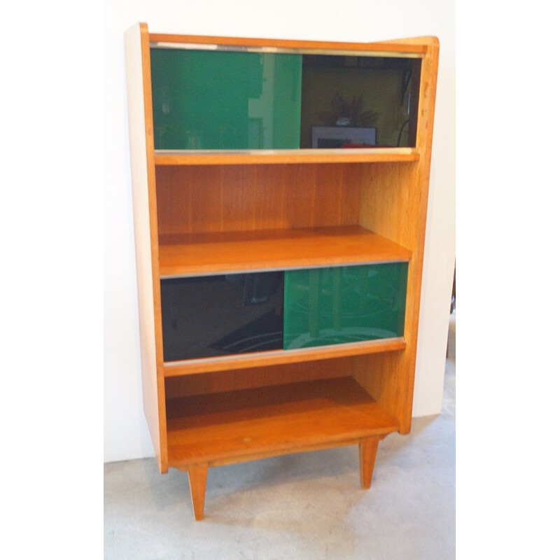 Bibliothèque vintage en bois et verre 1950