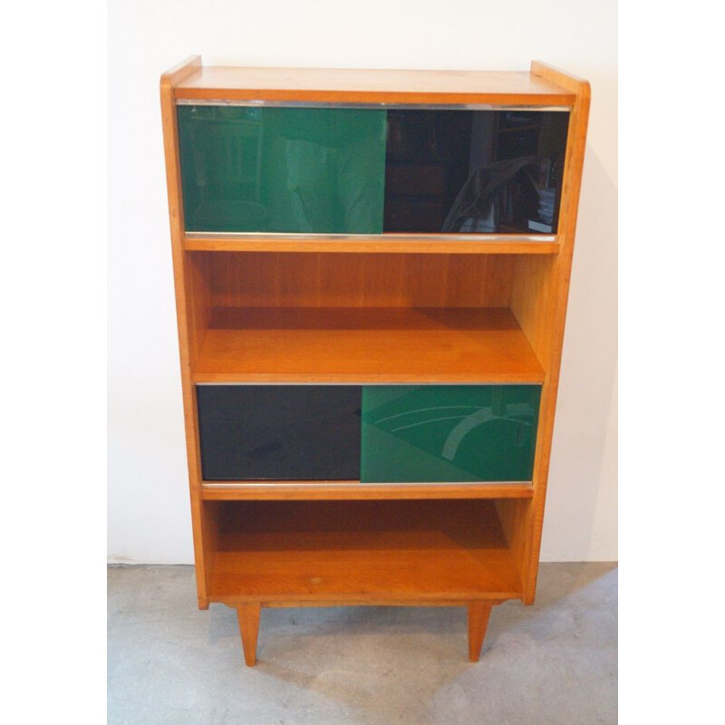 Bibliothèque vintage en bois et verre 1950