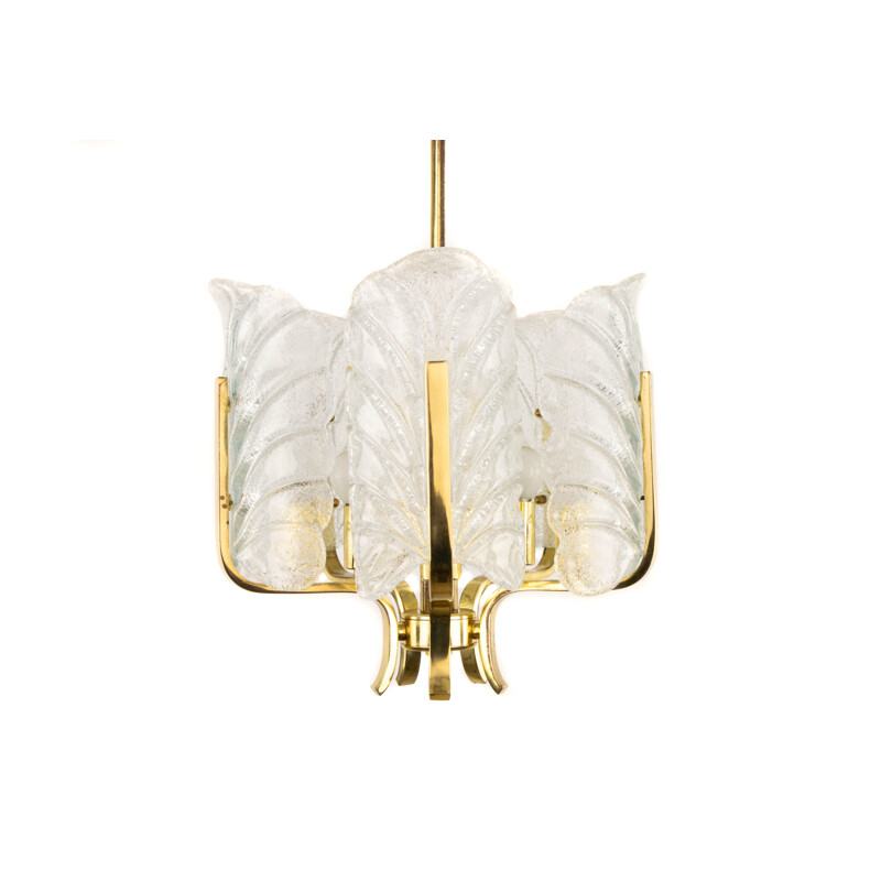 Vintage Glass Leaves and Golden Steel Chandelier by Carl Fagerlund  for Orrefors, Sweden 1960