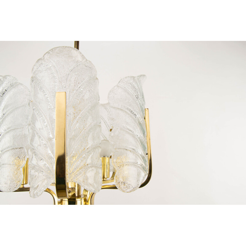 Vintage Glass Leaves and Golden Steel Chandelier by Carl Fagerlund  for Orrefors, Sweden 1960