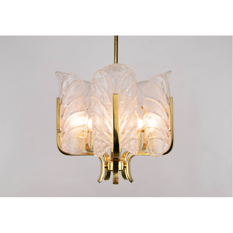 Vintage Glass Leaves and Golden Steel Chandelier by Carl Fagerlund  for Orrefors, Sweden 1960