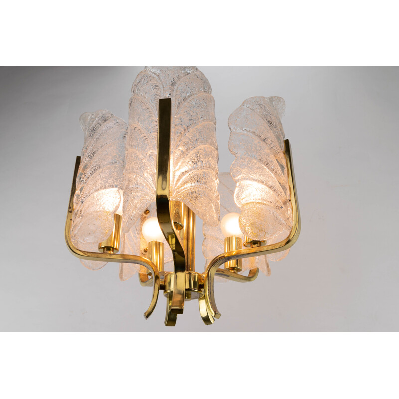 Vintage Glass Leaves and Golden Steel Chandelier by Carl Fagerlund  for Orrefors, Sweden 1960