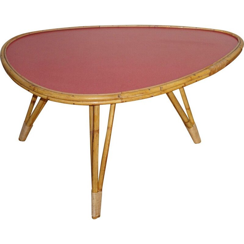 Vintage pink rattan and formica coffee table, France 1950