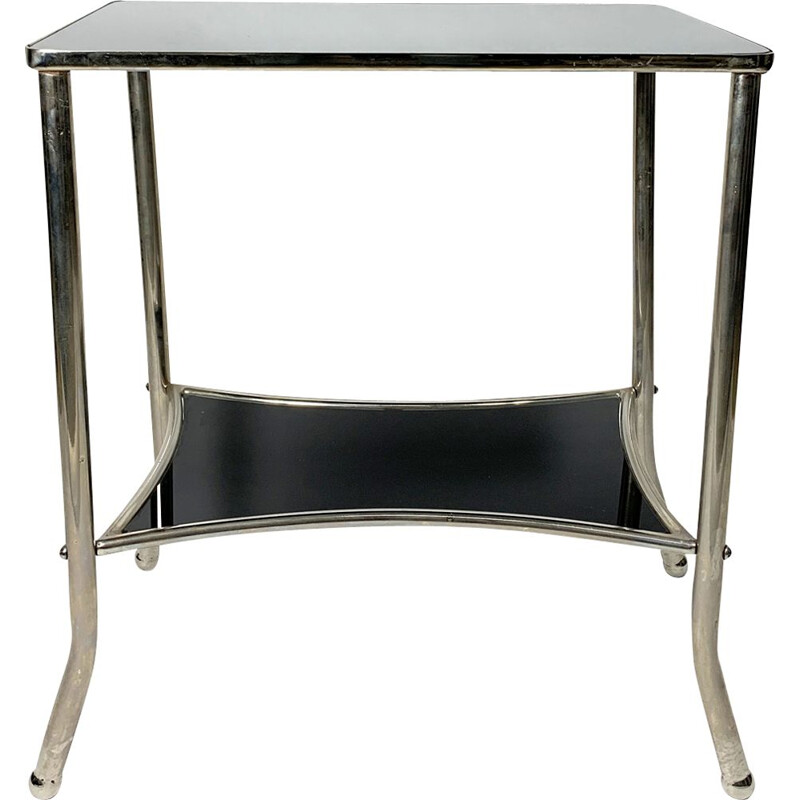 Vintage Nickel-Plated and Black Glass Console Table, 1930s