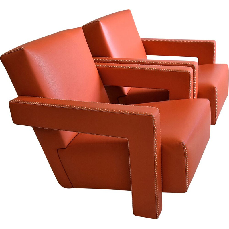 Pair of Leather Hermes Orange Utrecht Lounge Chairs by Gerrit Rietveld 