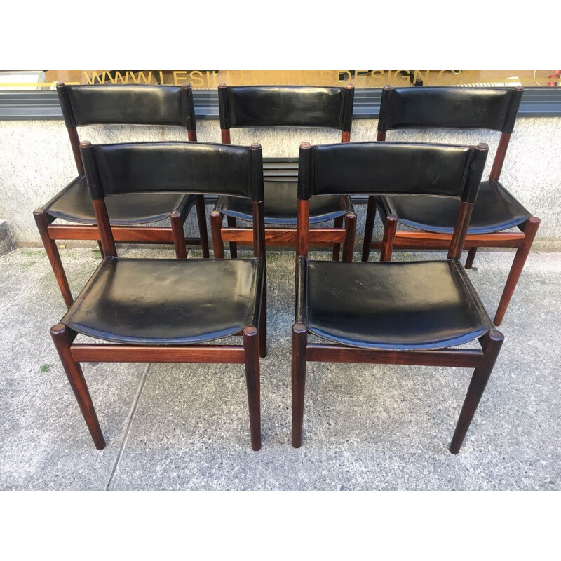 Set of 5 vintage chairs by Arne Vodder in rosewood and leather