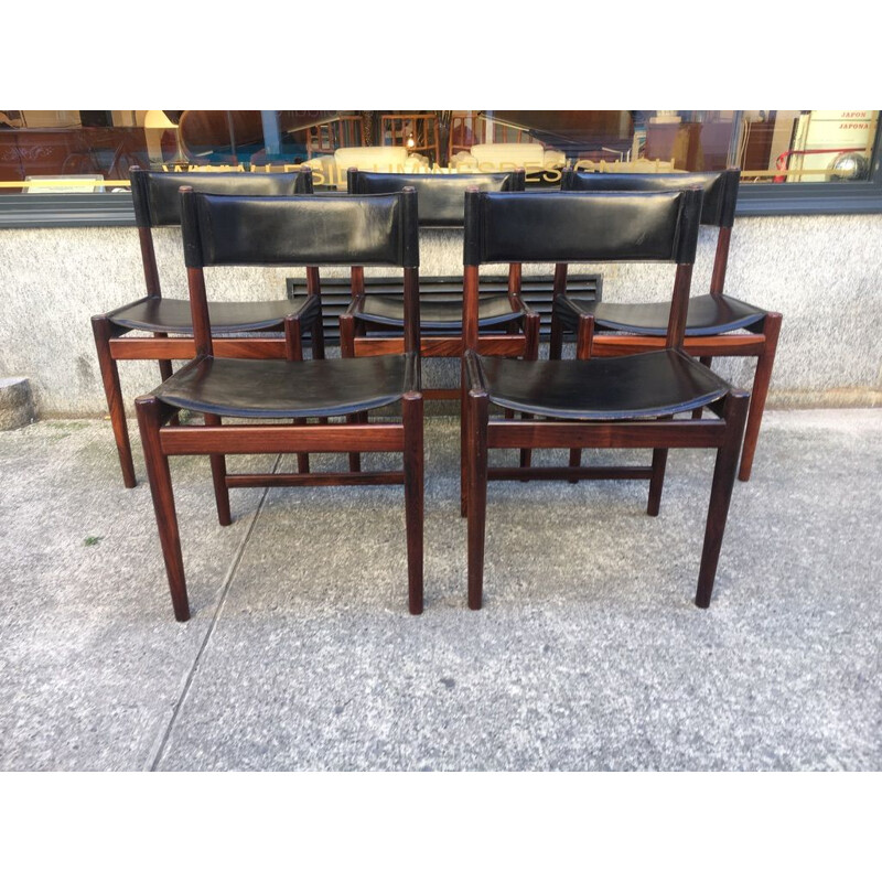 Set of 5 vintage chairs by Arne Vodder in rosewood and leather