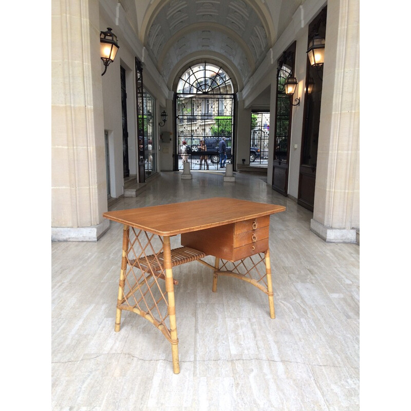 French desk in rattan and wicker, Louis SOGNOT - 1960s