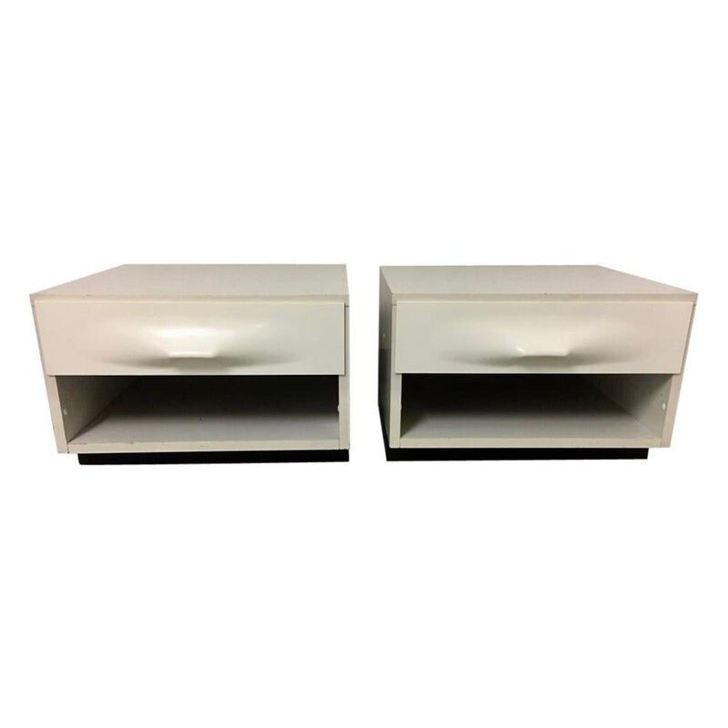 Pair of vintage bedside tables in laminated wood by Raymond Loewy for DF2000, France 1965