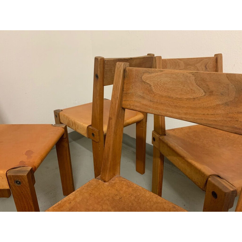 Set of 7 Chairs S24 Vintage of Pierre Chapo in solid elm, 1960