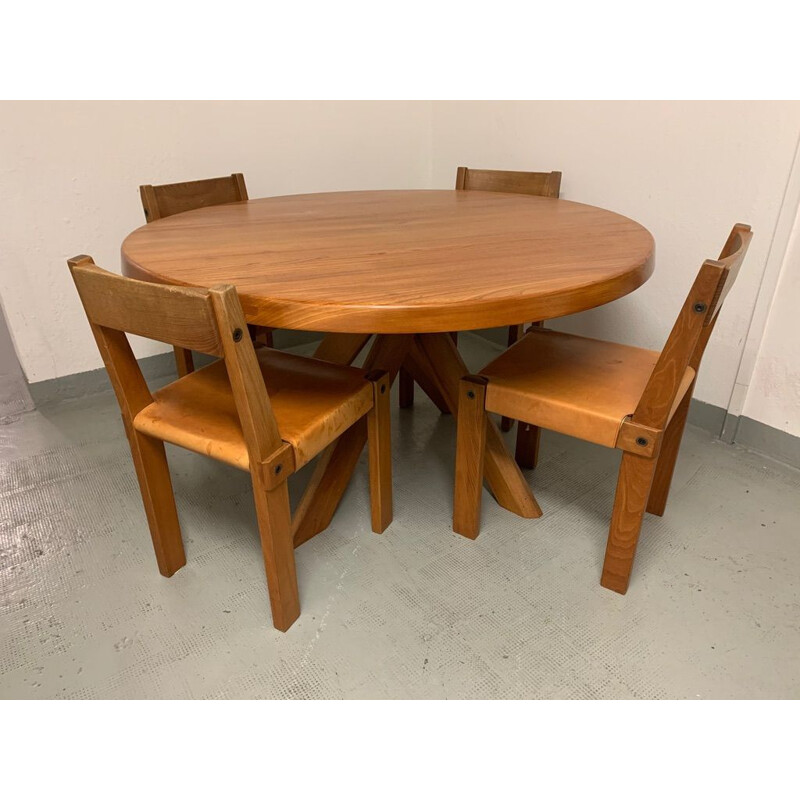 Vintage dining table T21c or Sfax in solid elm from Pierre Chapo