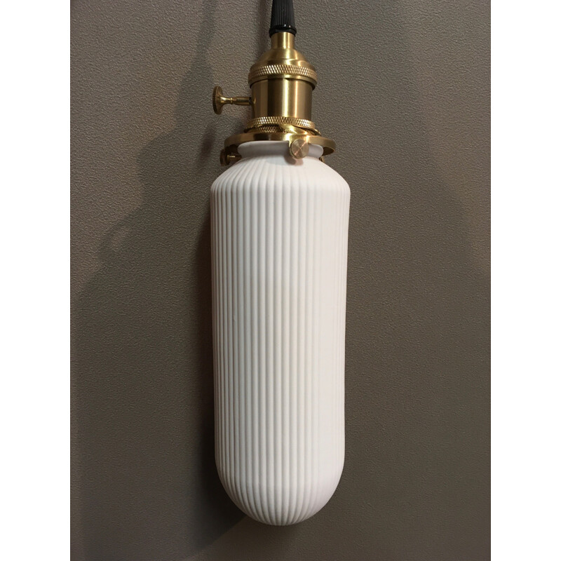 Vintage hanging lamp in opaline glass and brass