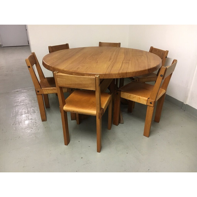 Vintage dining table in solid elm T21d or Sfax by Pierre Chapo