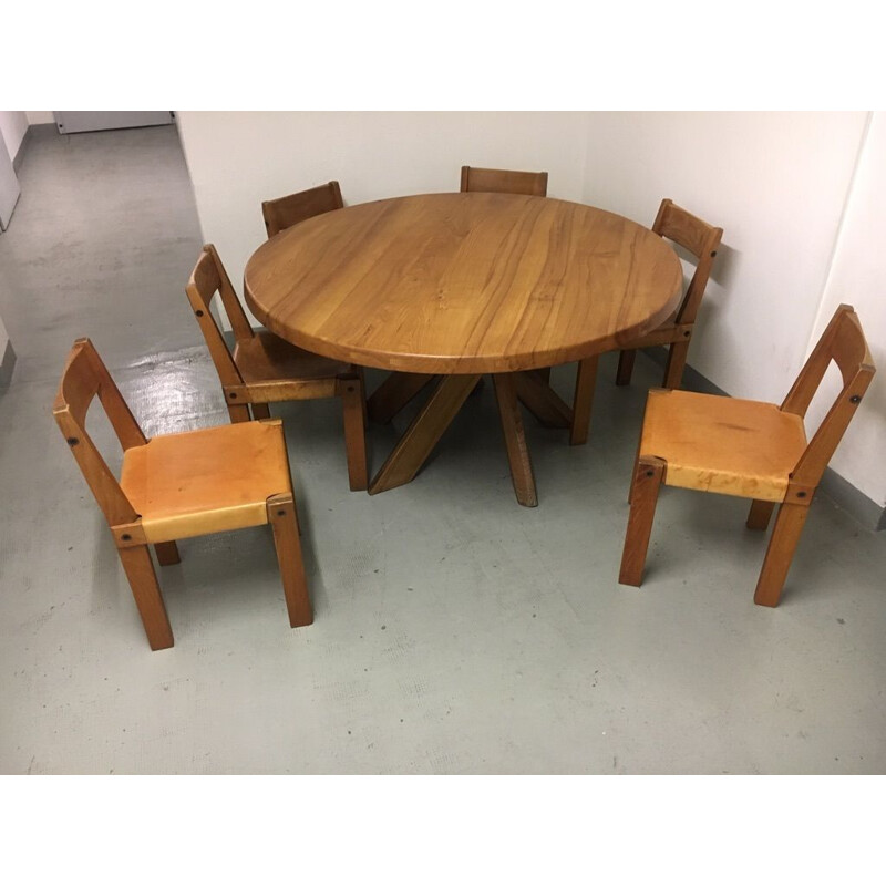 Vintage dining table in solid elm T21d or Sfax by Pierre Chapo