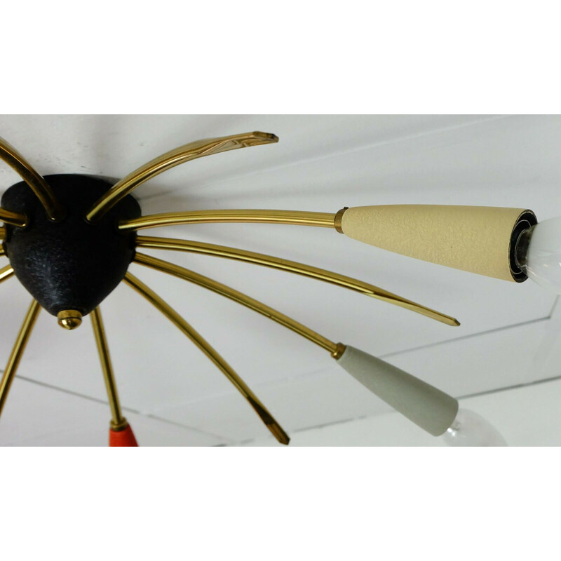 Vintage large spider chandelier brass in metal and plastic by stilnovo, 1950