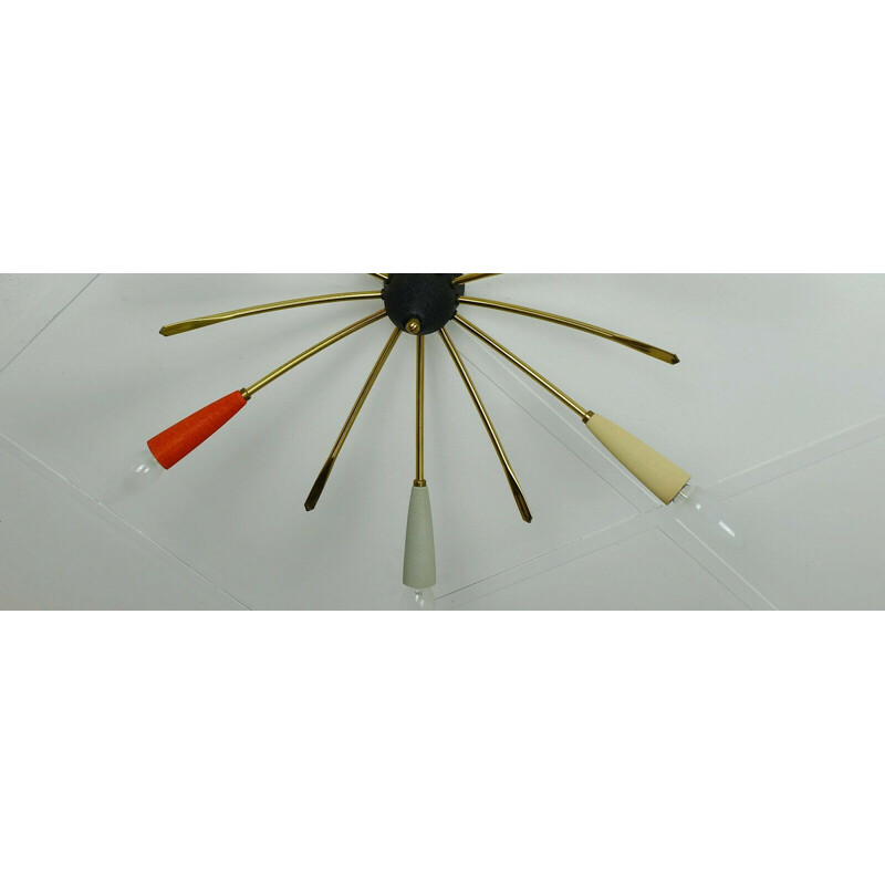 Vintage large spider chandelier brass in metal and plastic by stilnovo, 1950