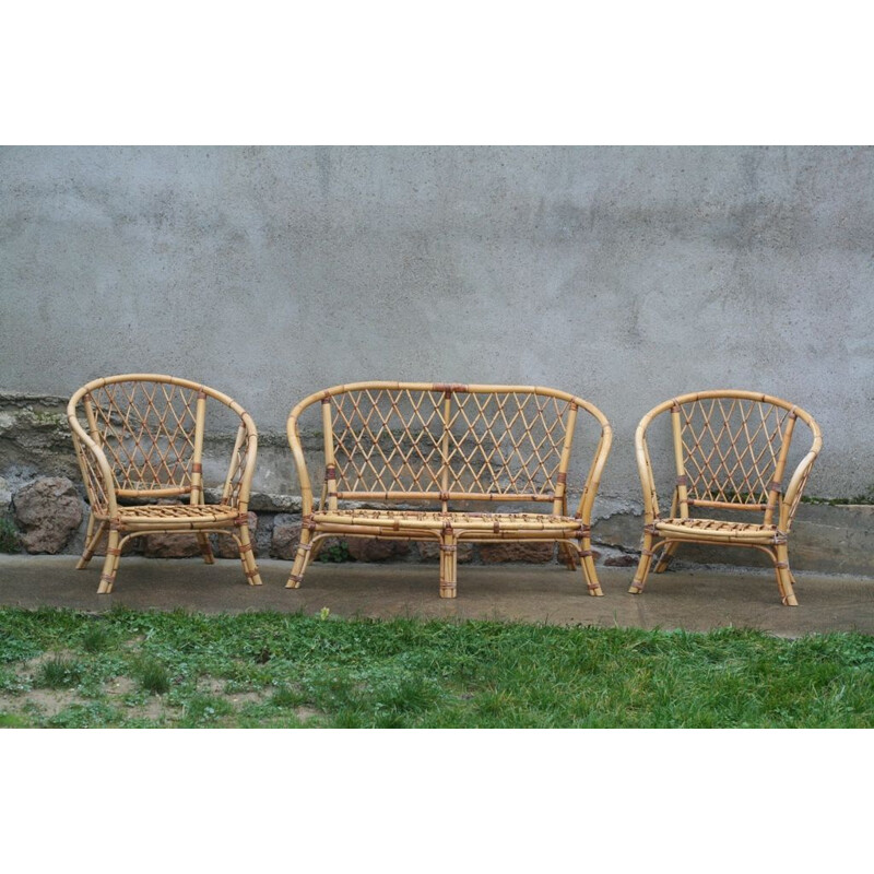 Vintage rattan lounge set with 2 armchairs and 1 bench, 1970