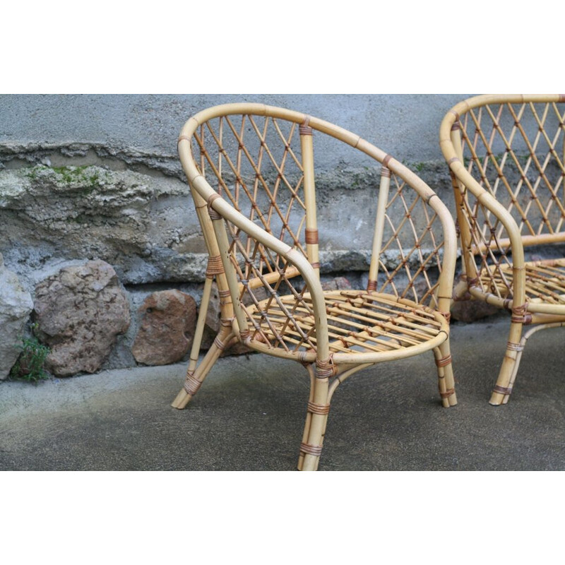 Vintage rattan lounge set with 2 armchairs and 1 bench, 1970